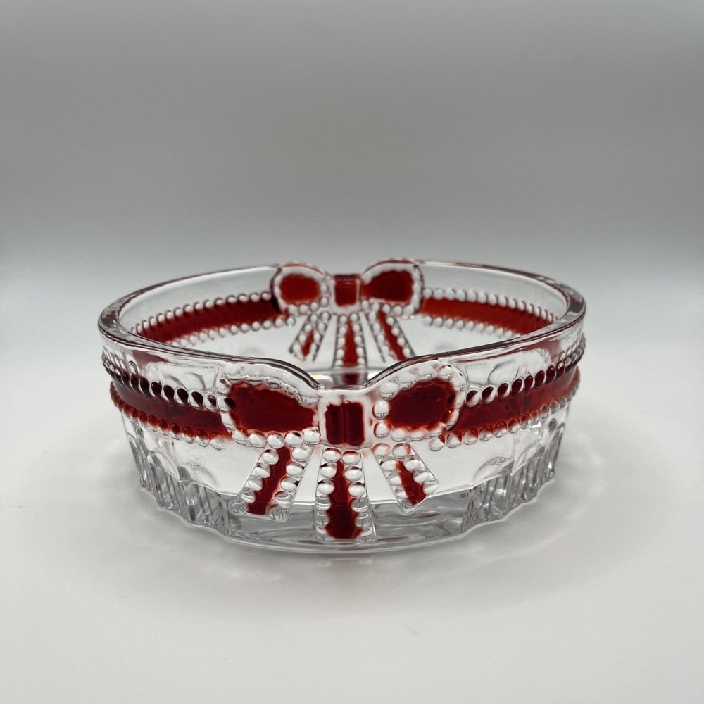 Mikasa Celebrations Ruby Ribbon & Bow Oval Crystal Textured 6.5" Candy Bowl, EUC